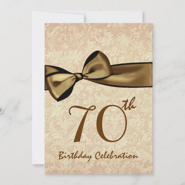 70th Birthday Party Invitation GOLD Bow (Front)