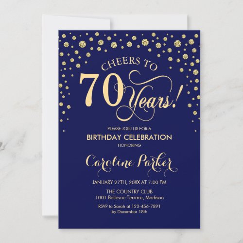 70th Birthday Party Invitation _ Gold Navy Blue