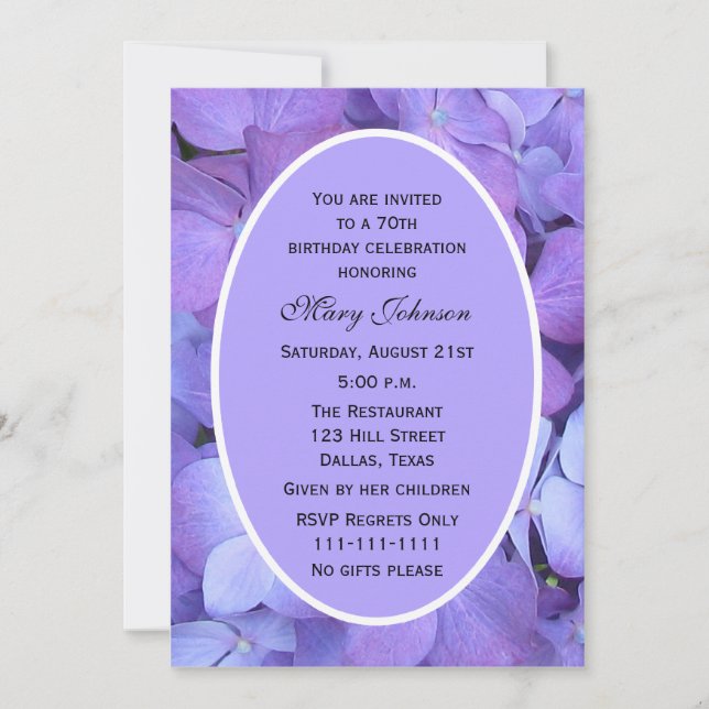 70th Birthday Party  Invitation Hydrangea (Front)