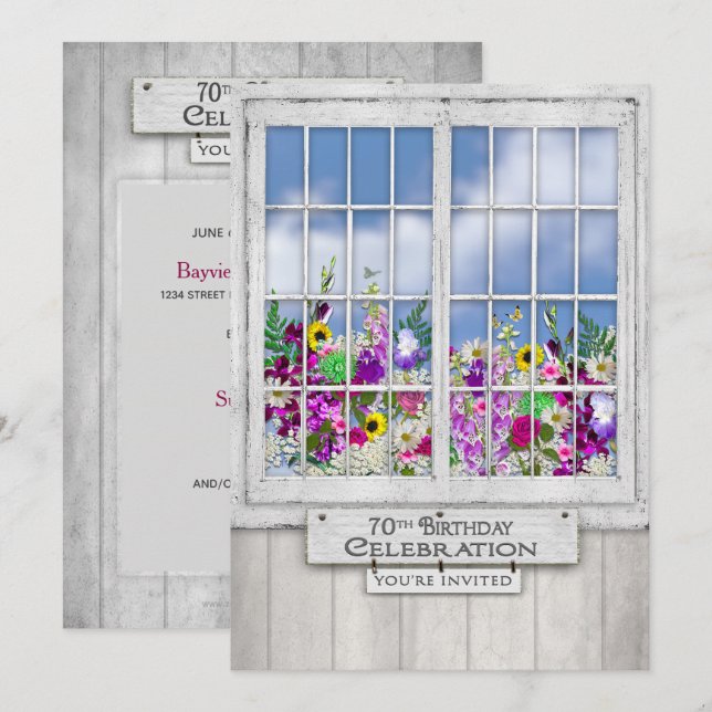 70th Birthday Party INVITATION, Rustic Window Invitation (Front/Back)