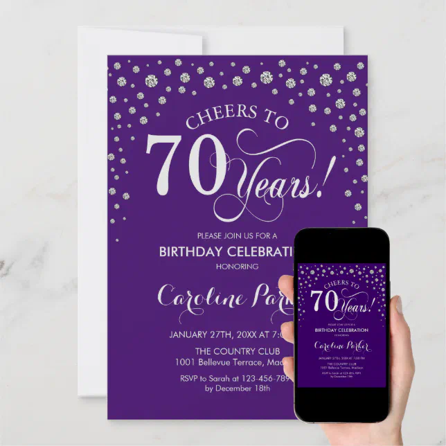 70th Birthday Party Invitation Silver Purple Zazzle