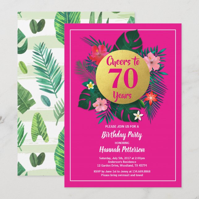 70th birthday party invitation tropical pink (Front/Back)