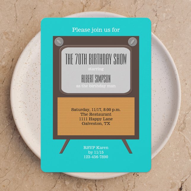 70th Birthday Party Invitation TV on Blue (Creator Uploaded)