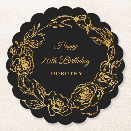 70th Birthday Party Luxe Gold Rose Floral Black Paper Coaster