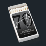 70th Birthday Party Matchboxes<br><div class="desc">70th Birthday Matchbox Favor. Celebrate seventy years in style with this bold, modern matchbox design. A large black “70” sits at the top, layered with a handwritten white “Seventy” for a sleek and eye-catching look. The bottom area has space for the birthday person’s name, the date, or a short custom...</div>