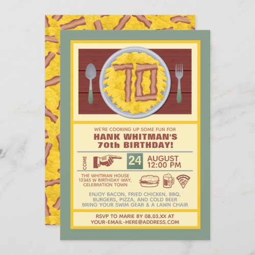 70th Birthday Party Mens Funny Bacon Eggs Theme Invitation