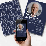 70th Birthday Party Mens Photo Seventy Navy Blue Invitation<br><div class="desc">Celebrate "Hello to Seventy" with this chic and modern birthday invitation. The sleek navy blue background pairs effortlessly with the crisp white text and delightful birthday cake detail, giving the design an elegant yet festive feel. The laid-back, upbeat wording sets the tone for a joyful celebration. Plus, a photo template...</div>