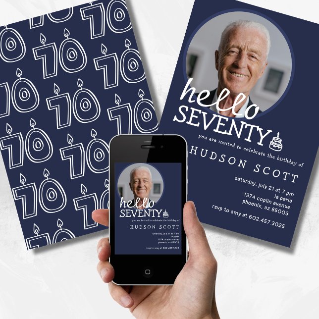 70th Birthday Party Mens Photo Seventy Navy Blue Invitation (Creator Uploaded)