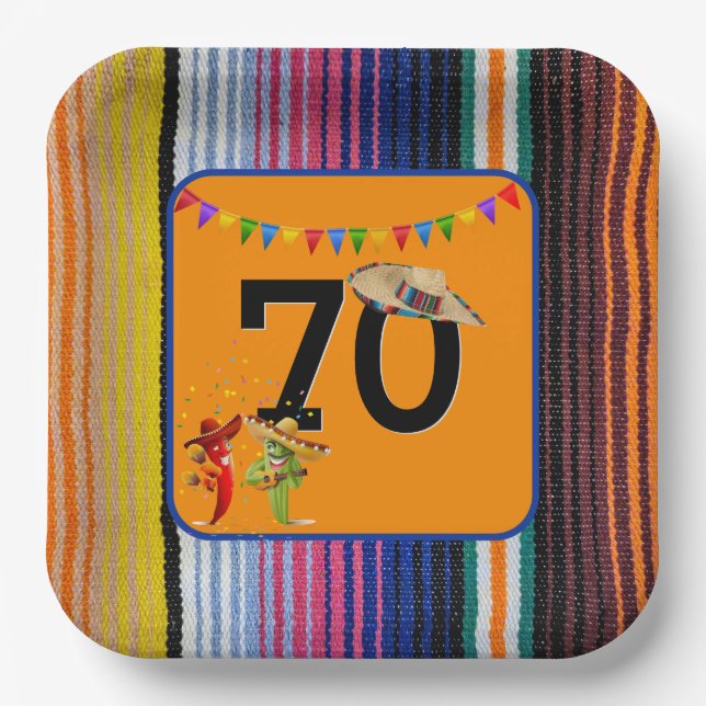 70th Birthday Party Mexican Design Paper Plates (Front)