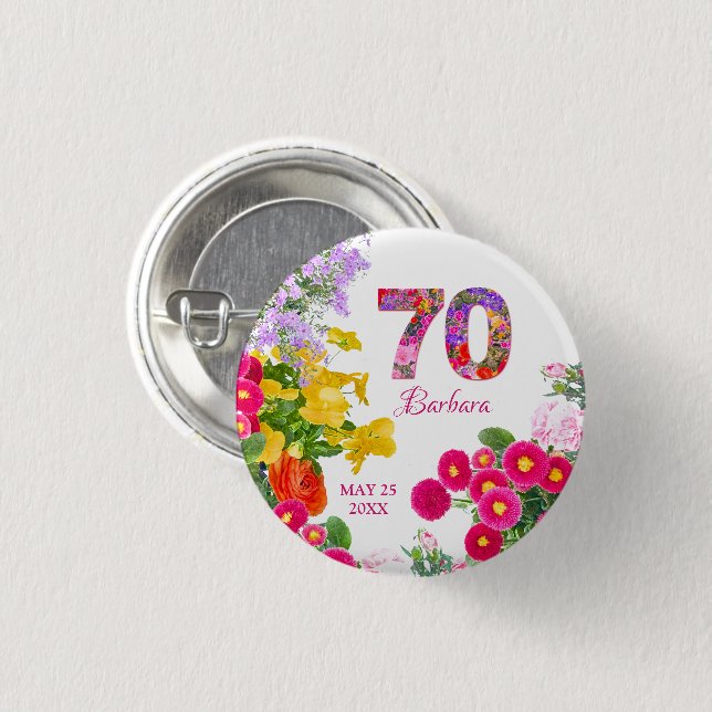 70th birthday party modern colorful floral button (Front & Back)