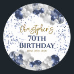 70th Birthday Party Navy Balloons Classic Round Sticker<br><div class="desc">A gorgeous 70th birthday party or celebration gift sticker. This fabulous navy blue and silver balloons design is the perfect sticker to decorate favors for a 70th celebration or seventieth party.</div>