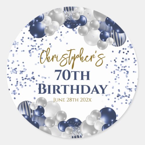 70th Birthday Party Navy Balloons Classic Round Sticker