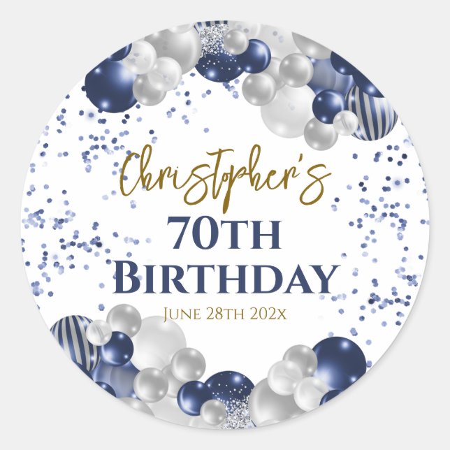 70th Birthday Party Navy Balloons Classic Round Sticker (Front)