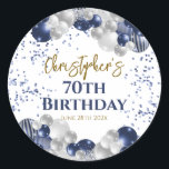 70th Birthday Party Navy Balloons Classic Round Sticker<br><div class="desc">A gorgeous 70th birthday party or celebration gift sticker. This fabulous navy blue and silver balloons design is the perfect sticker to decorate favors for a 70th celebration or seventieth party.</div>