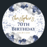 70th Birthday Party Navy Balloons Classic Round Sticker<br><div class="desc">A gorgeous 70th birthday party or celebration gift sticker. This fabulous navy blue and silver balloons design is the perfect sticker to decorate favors for a 70th celebration or seventieth party.</div>