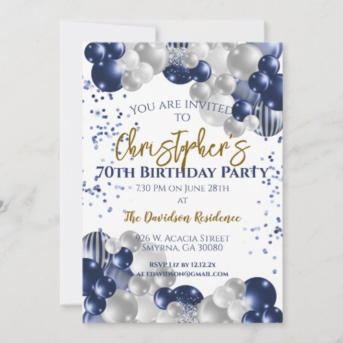 70th Birthday Party Navy Balloons Invitation