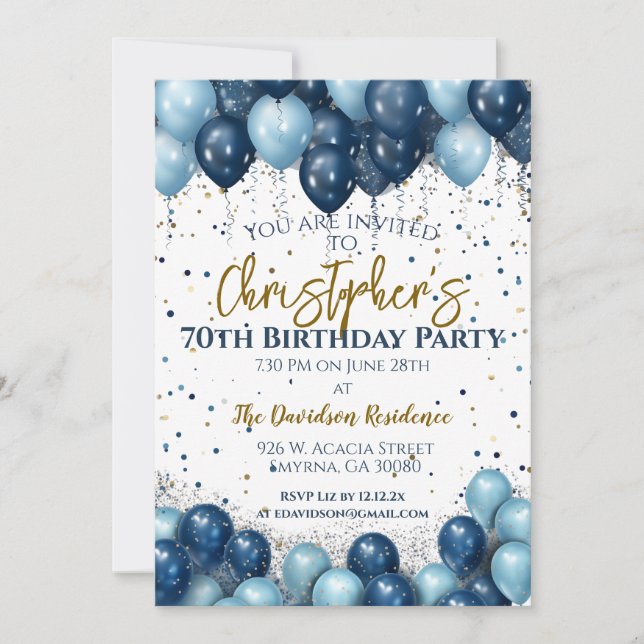 70th Birthday Party Navy Balloons Invitation (Front)