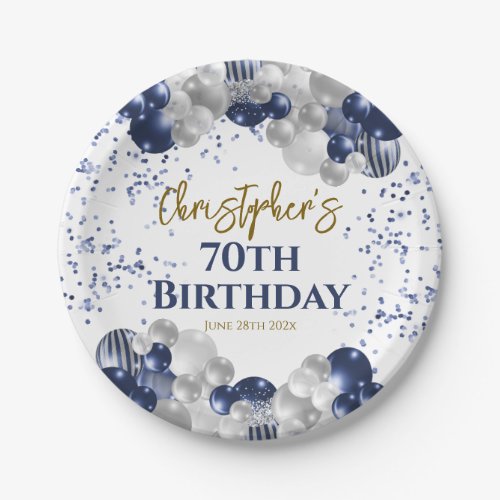 70th Birthday Party Navy Balloons Paper Plates