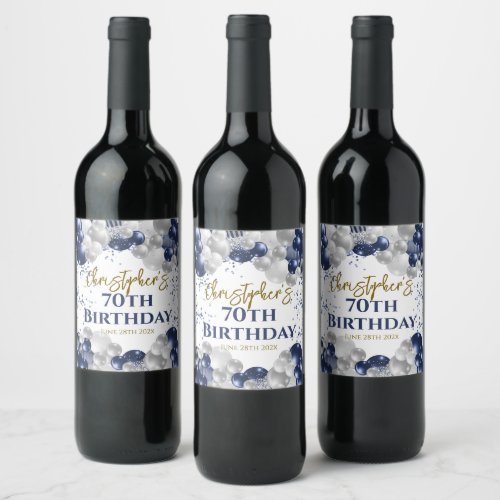 70th Birthday Party Navy Balloons Wine Label