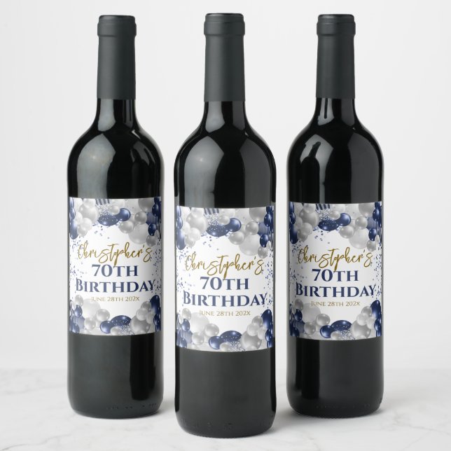 70th Birthday Party Navy Balloons Wine Label (Bottles)