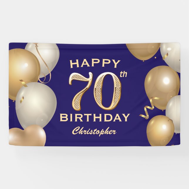 70th Birthday Party Navy Blue and Gold Balloons Banner (Horizontal)