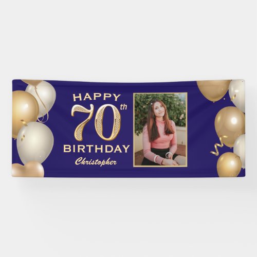 70th Birthday Party Navy Blue and Gold Balloons Banner
