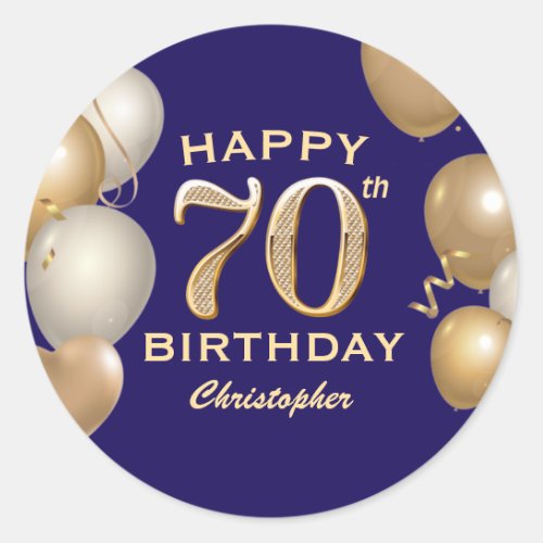 70th Birthday Party Navy Blue and Gold Balloons Classic Round Sticker