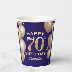 70th Birthday Party Navy Blue and Gold Balloons Paper Cups