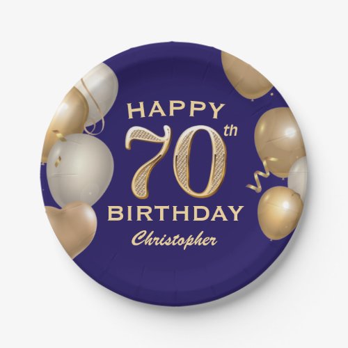 70th Birthday Party Navy Blue and Gold Balloons Paper Plates