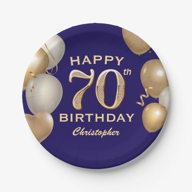 70th Birthday Party Navy Blue and Gold Balloons Paper Plates (Front)