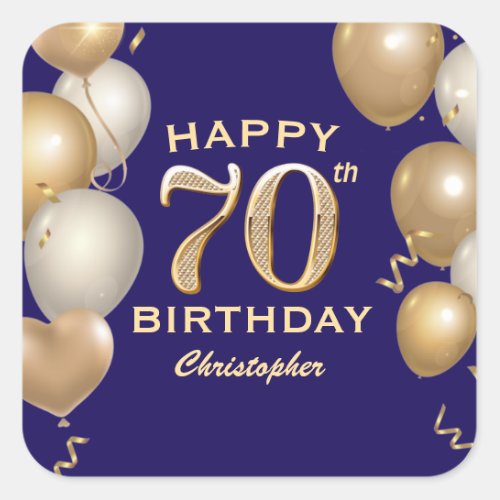 70th Birthday Party Navy Blue and Gold Balloons Square Sticker