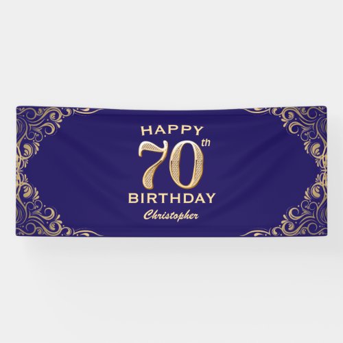 70th Birthday Party Navy Blue and Gold Glitter Banner