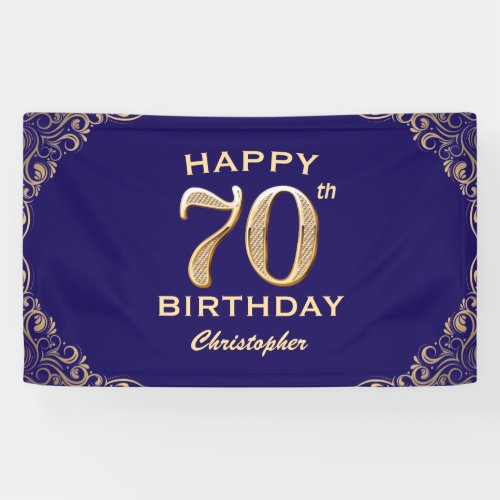 70th Birthday Party Navy Blue and Gold Glitter Banner