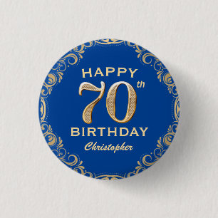 70th Birthday Party Navy Blue and Gold Glitter Button