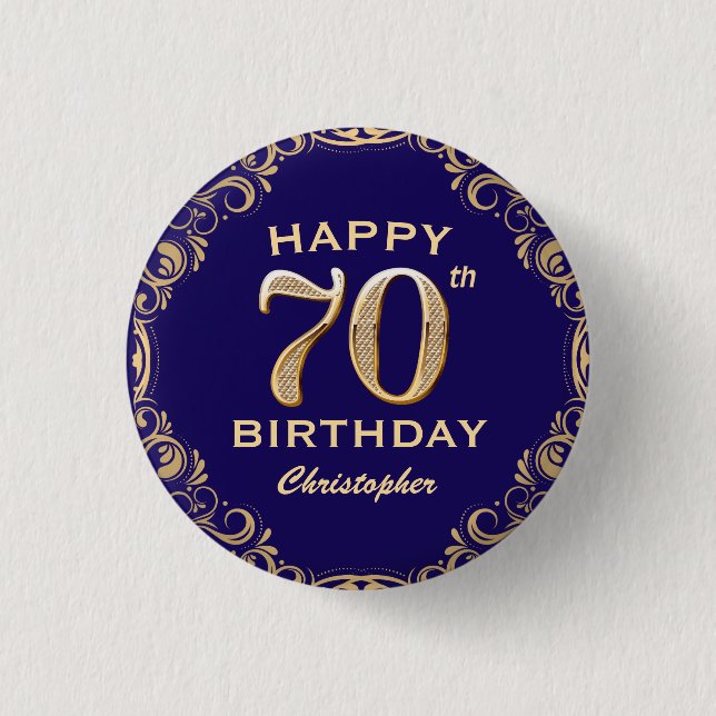 70th Birthday Party Navy Blue and Gold Glitter Button (Front)