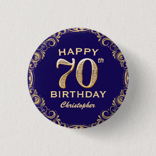70th Birthday Party Navy Blue and Gold Glitter Button