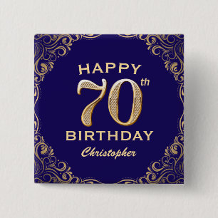 70th Birthday Party Navy Blue and Gold Glitter Button