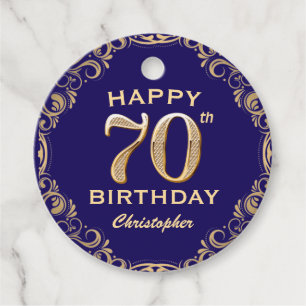 70th Birthday Party Navy Blue and Gold Glitter Favor Tags