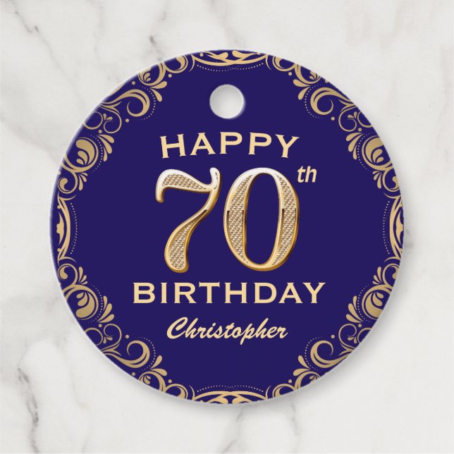 70th Birthday Party Navy Blue and Gold Glitter Favor Tags (Front)