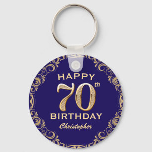 70th Birthday Party Navy Blue and Gold Glitter Keychain
