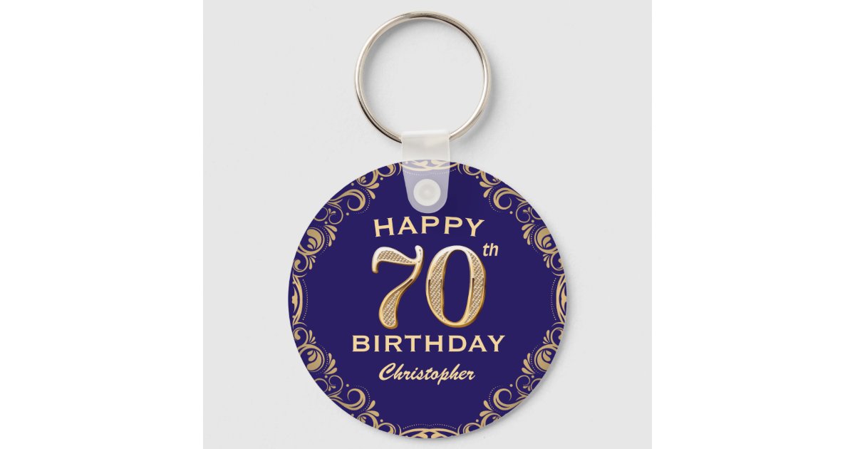 70th Birthday Party Navy Blue and Gold Glitter Keychain | Zazzle