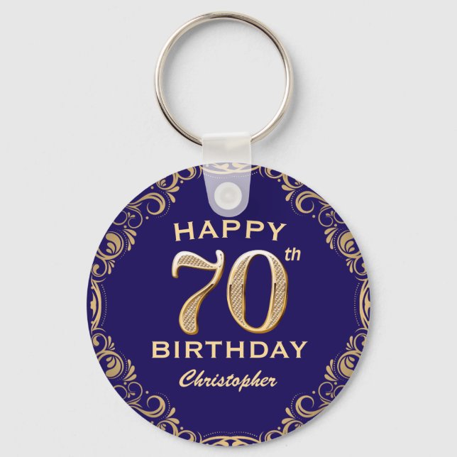 70th Birthday Party Navy Blue and Gold Glitter Keychain (Front)
