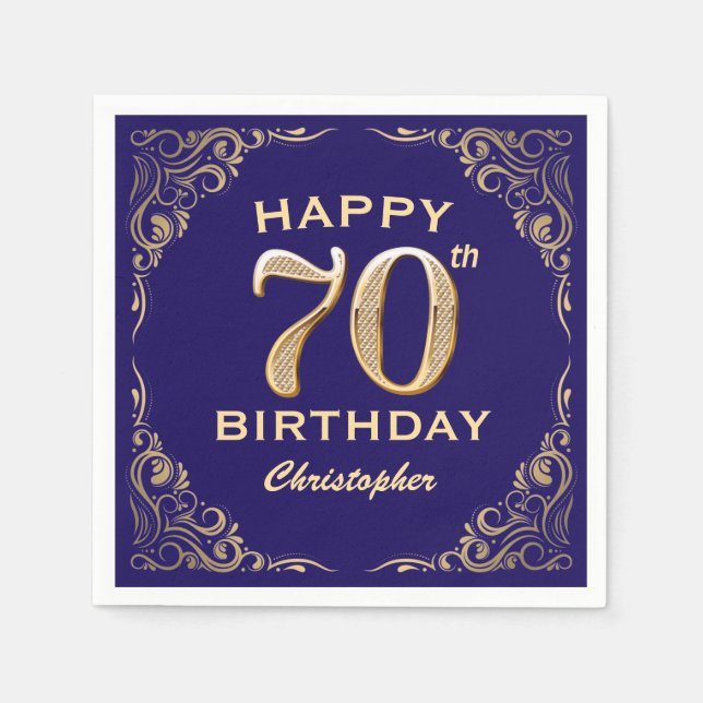 70th Birthday Party Navy Blue and Gold Glitter Napkins (Front)