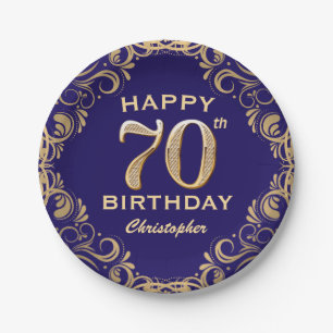 70th Birthday Party Navy Blue and Gold Glitter Paper Plates