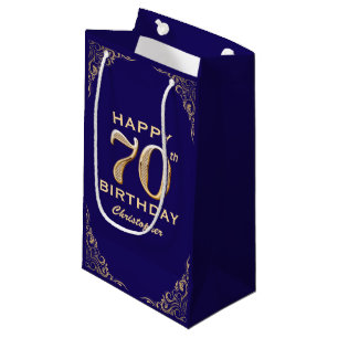 70th Birthday Party Navy Blue and Gold Glitter Small Gift Bag