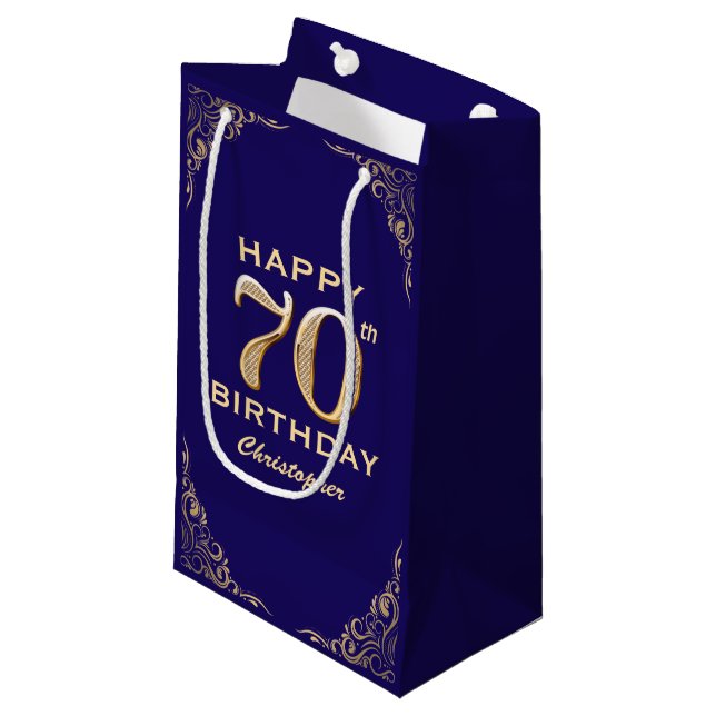 70th Birthday Party Navy Blue and Gold Glitter Small Gift Bag (Front Angled)