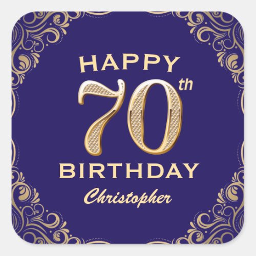 70th Birthday Party Navy Blue and Gold Glitter Square Sticker