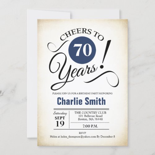 70th Birthday Party _ Navy Blue Black White Invitation