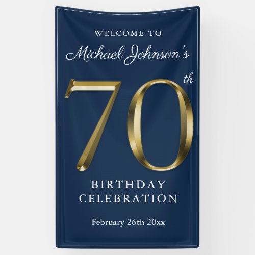 70th Birthday Party Navy Blue Gold Elegant Welcome Banner