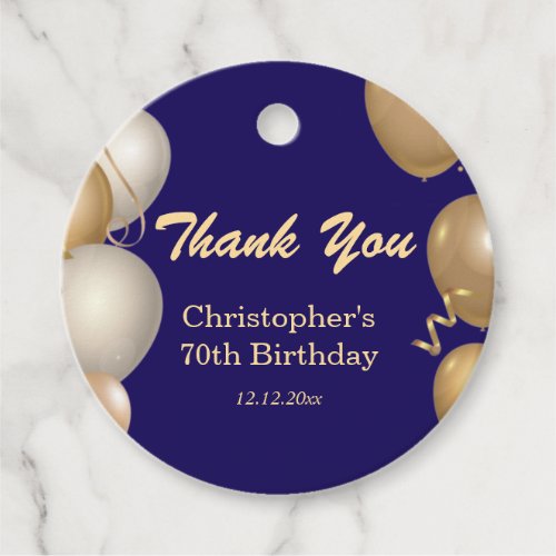 70th Birthday Party Navy Blue Gold Thank You Favor Tags